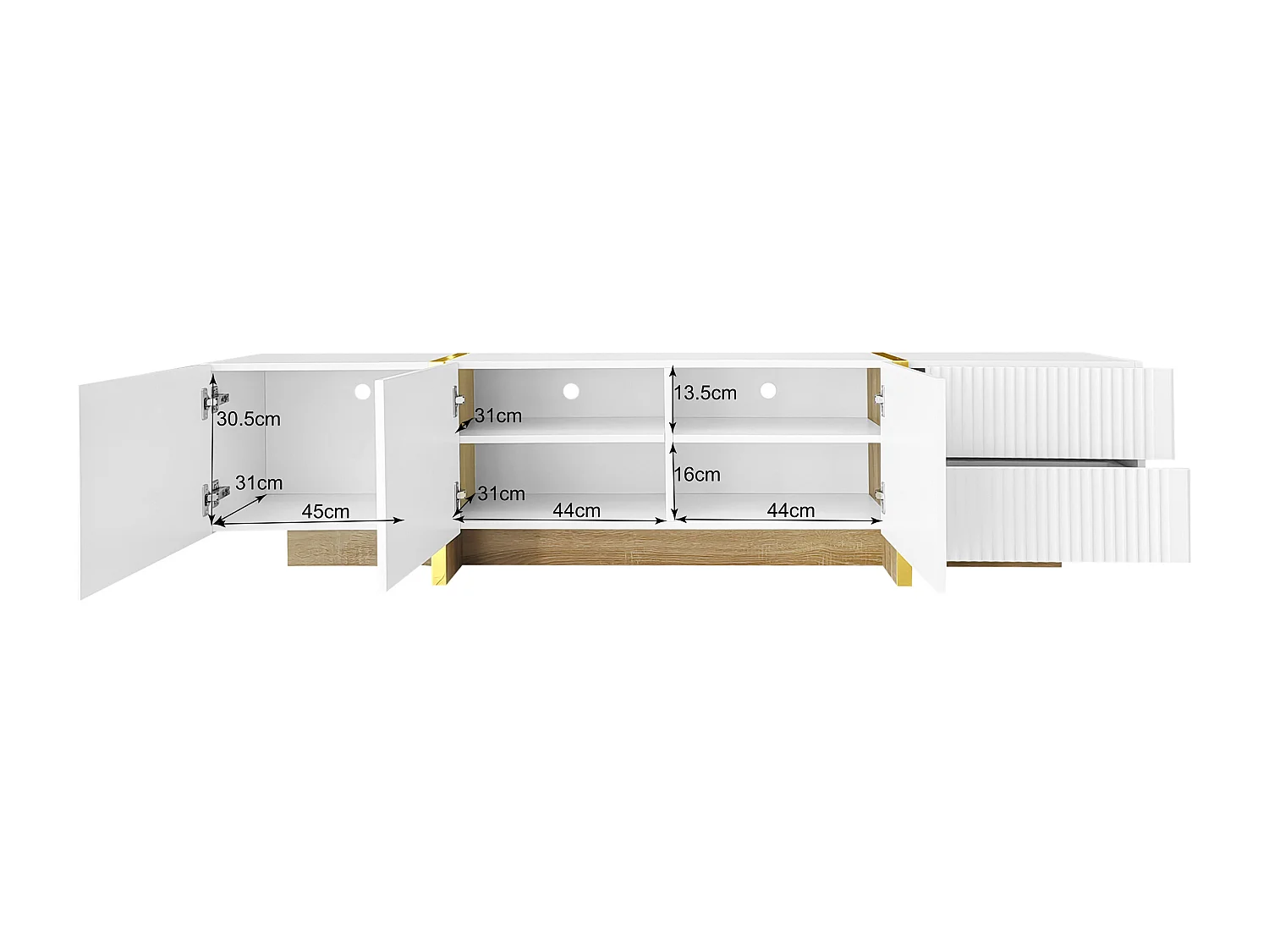 Meuble TV 190 cm avec 3 portes texturées et 2 tiroirs de rangement - blanc et or
