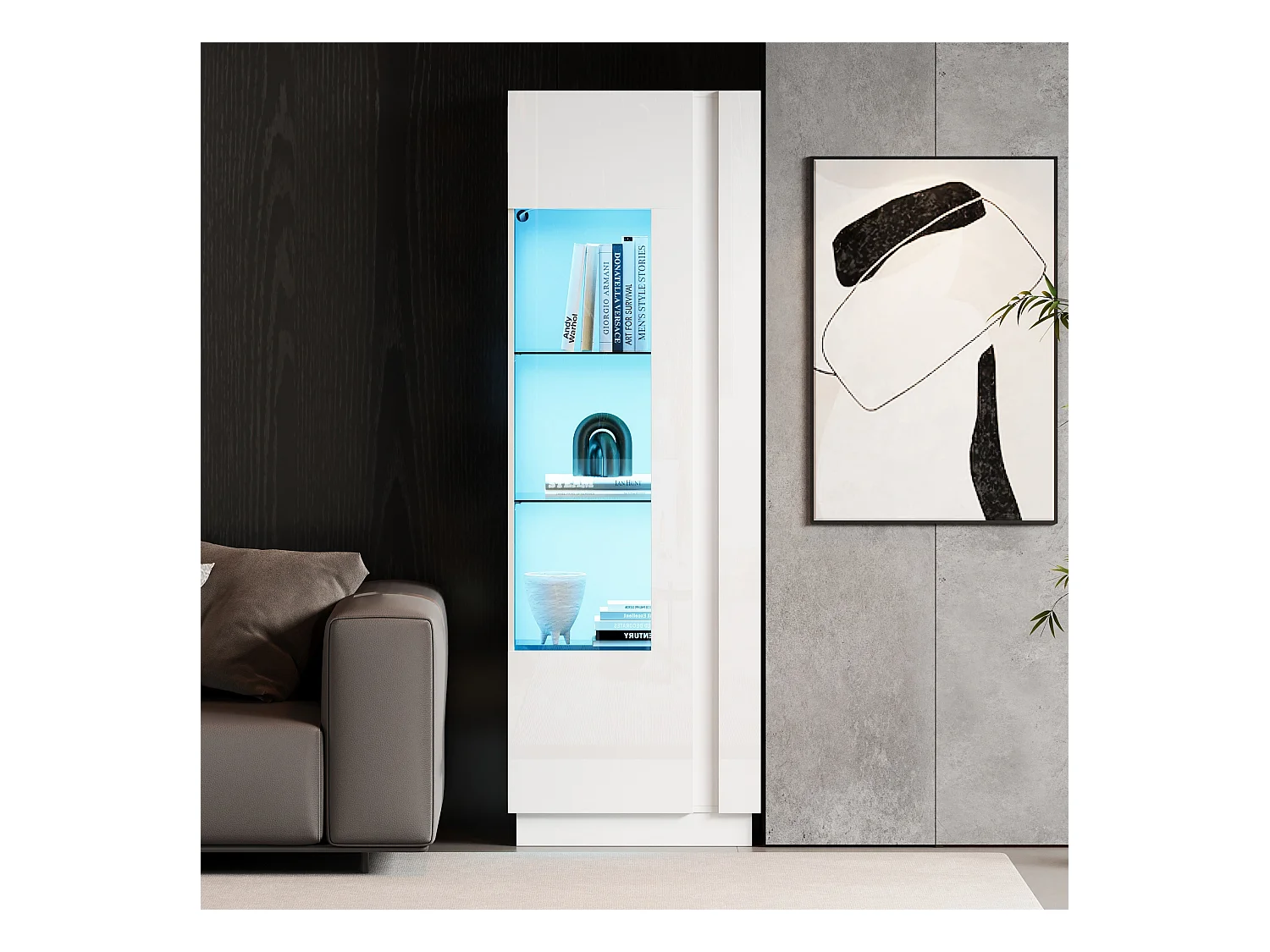 Vitrine blanche avec 1 porte en acrylique et étagères de rangement, éclairage LED