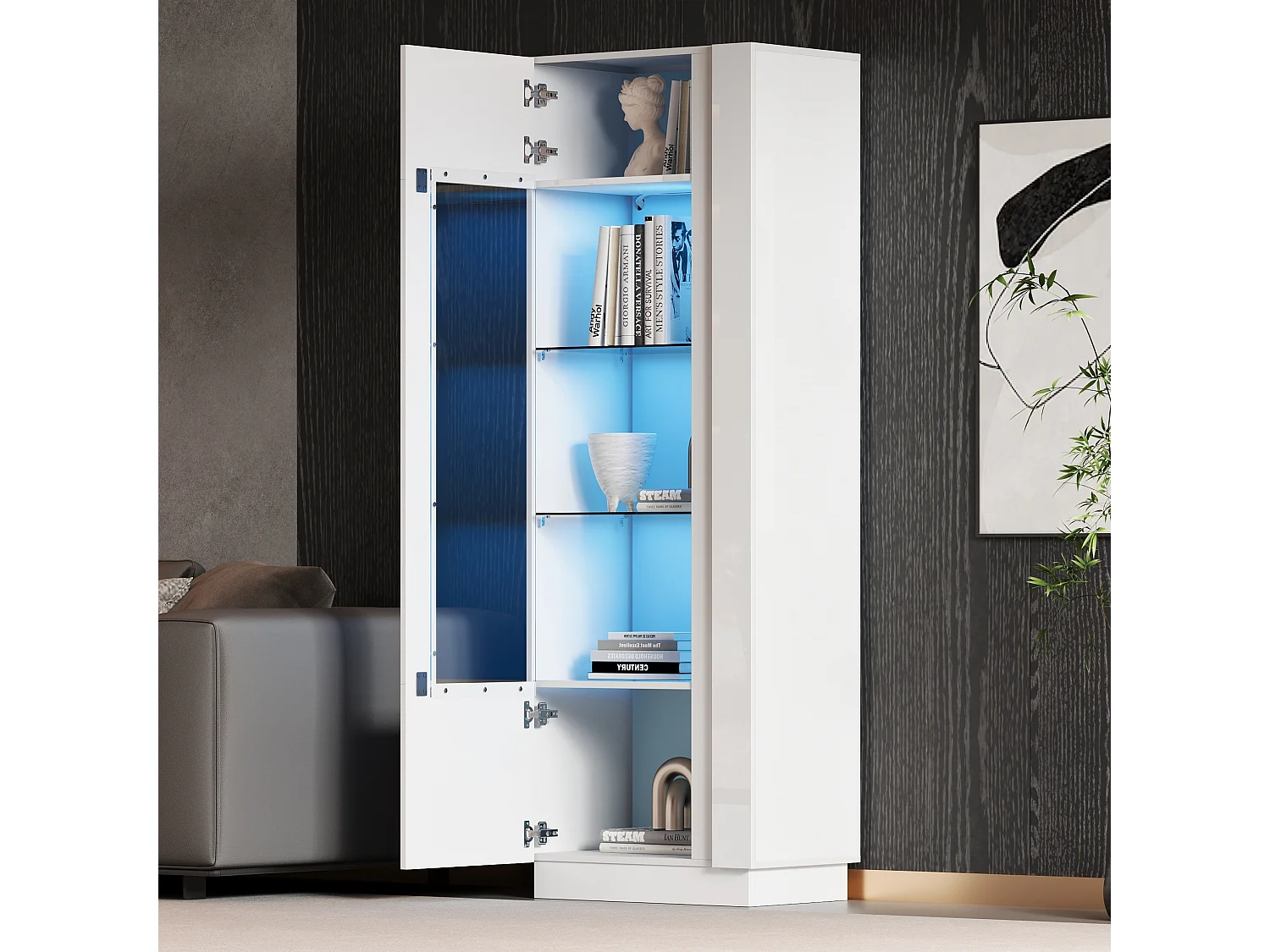 Vitrine blanche avec 1 porte en acrylique et étagères de rangement, éclairage LED