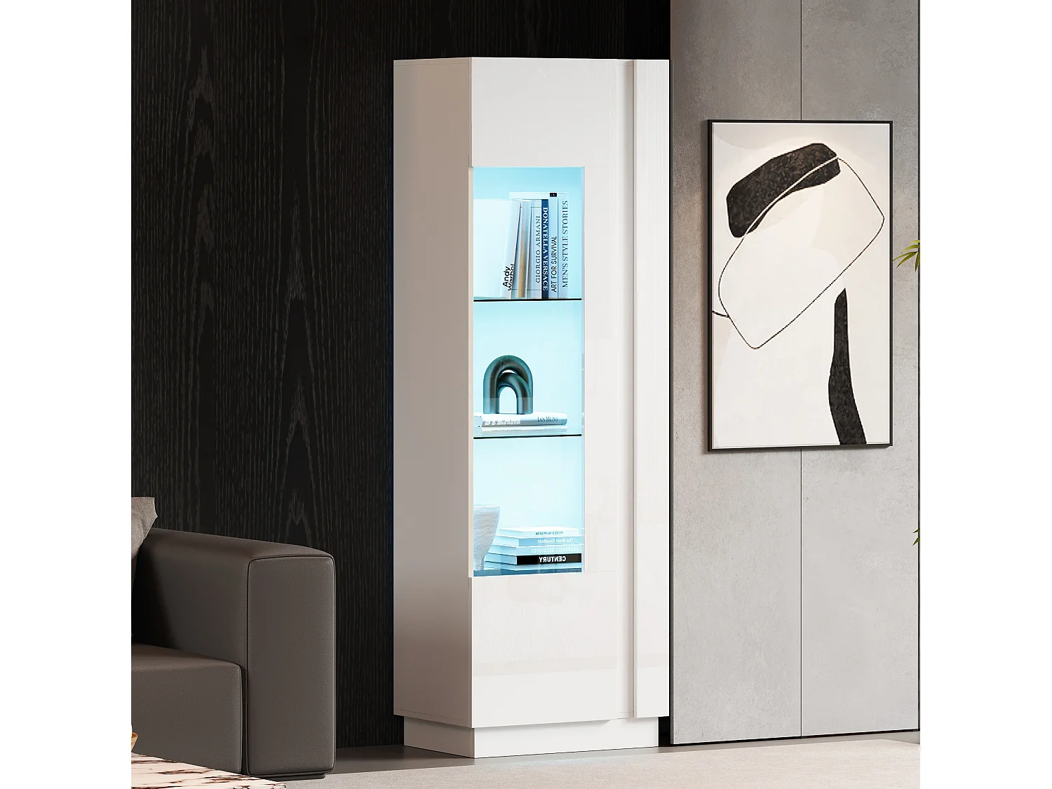 Vitrine blanche avec 1 porte en acrylique et étagères de rangement, éclairage LED