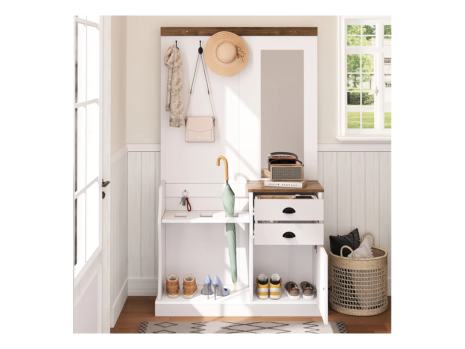 Porte-manteau blanc avec 2 tiroirs de rangement, miroir, crochets et porte-parapluie