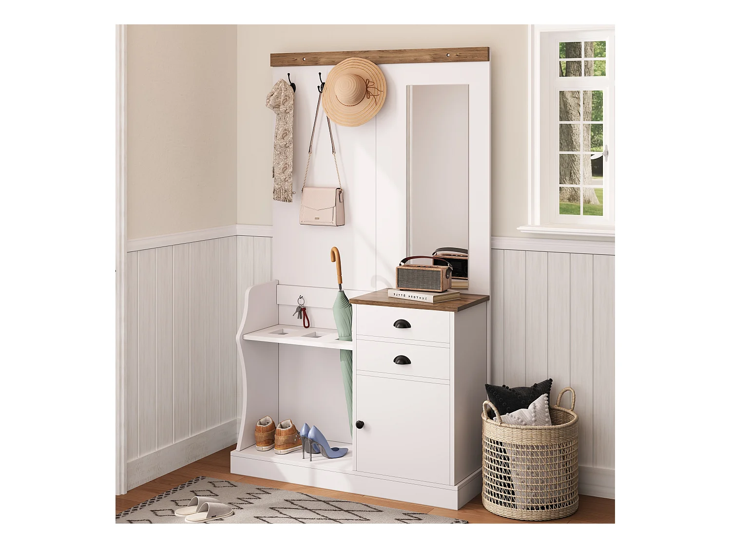 Porte-manteau blanc avec 2 tiroirs de rangement, miroir, crochets et porte-parapluie