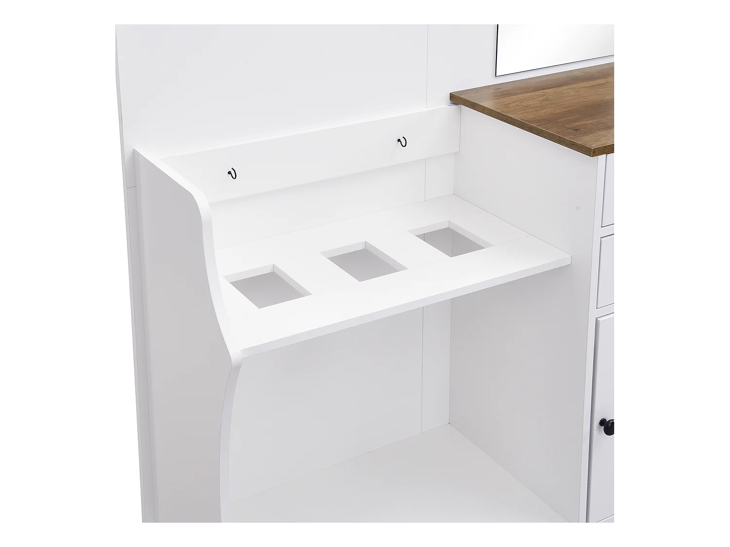 Porte-manteau blanc avec 2 tiroirs de rangement, miroir, crochets et porte-parapluie