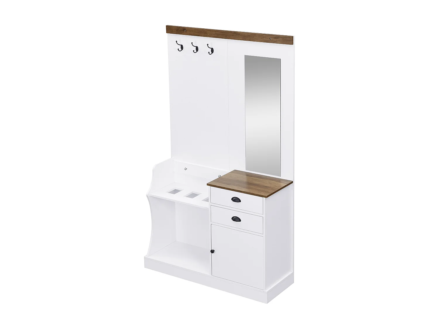 Weißer Garderobenständer mit 2 Aufbewahrungsschubladen, Spiegel, Haken und Schirmständer