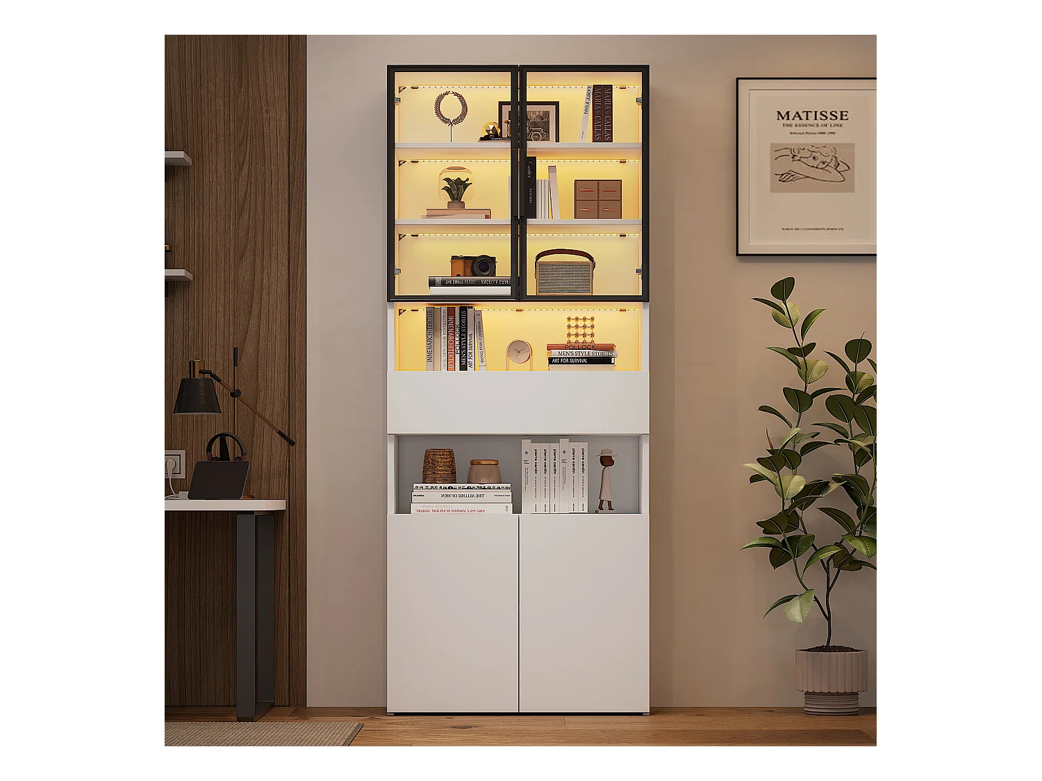 Vitrine LED avec 4 portes et 1 tiroir de rangement, blanche - pour  salon et bureau