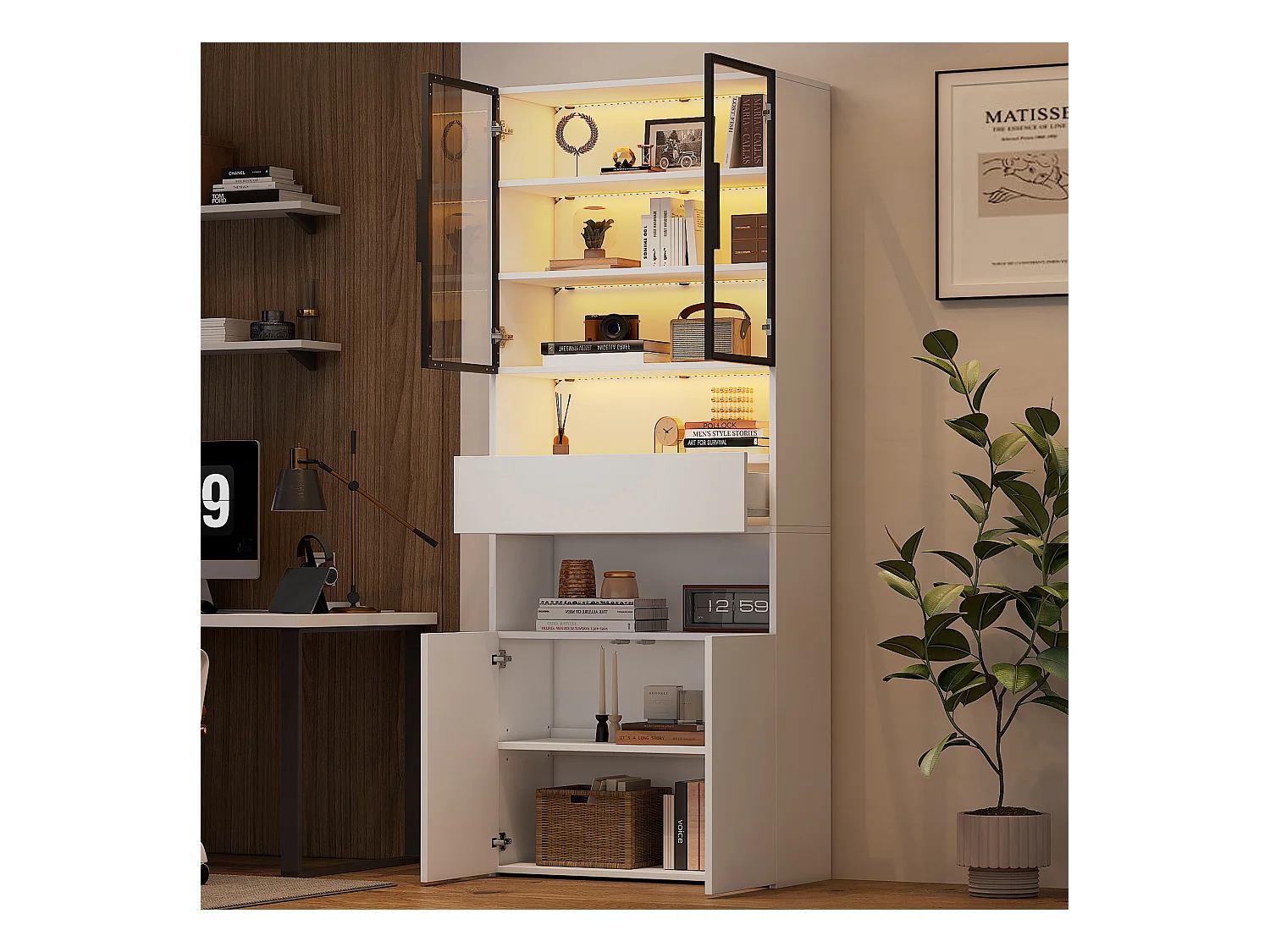 Vitrine LED avec 4 portes et 1 tiroir de rangement, blanche - pour  salon et bureau