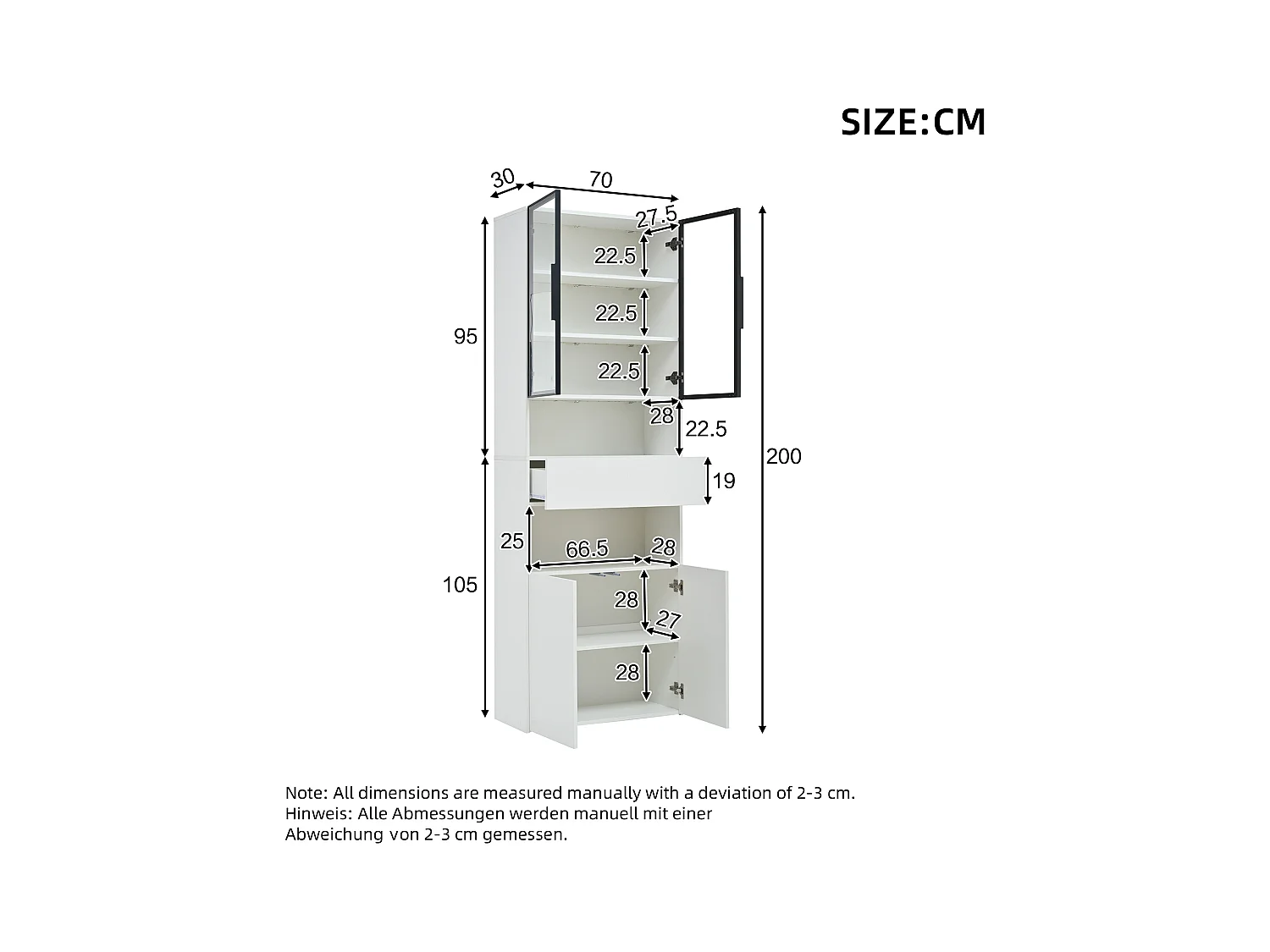 Vitrine LED avec 4 portes et 1 tiroir de rangement, blanche - pour  salon et bureau