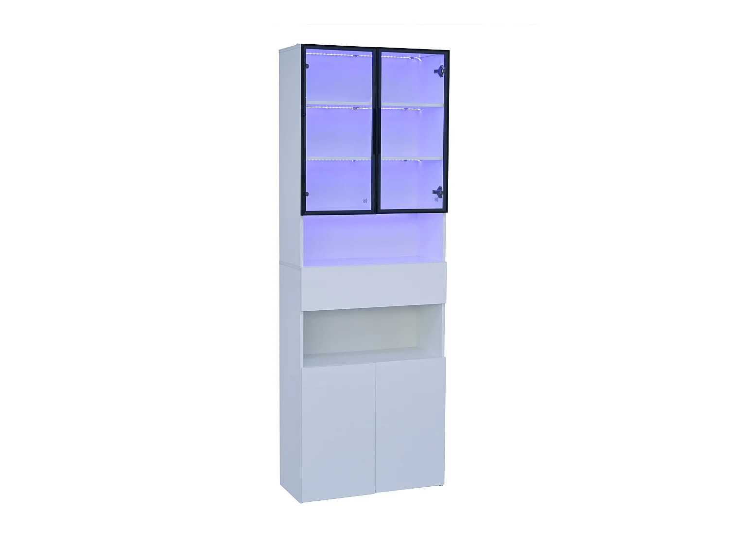 Vitrine LED avec 4 portes et 1 tiroir de rangement, blanche - pour  salon et bureau