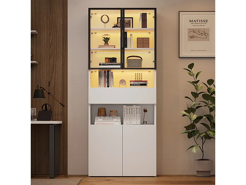 Witte LED-vitrinekast met 4 deuren en 1 opberglade - voor woonkamer en studeerkamer
