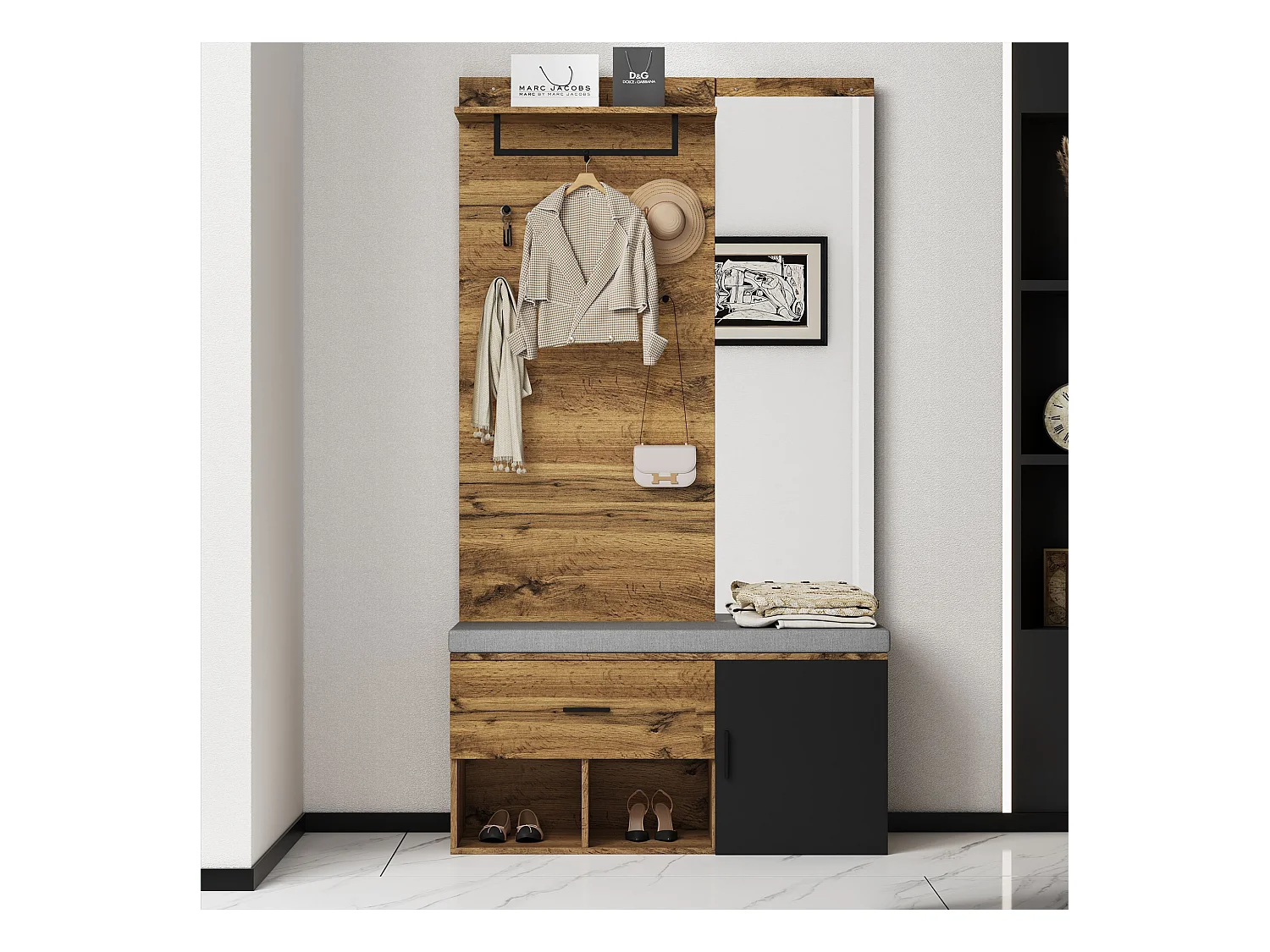 Porte-manteau en bois avec miroir et banc à chaussures, 1 tiroir de rangement - pour entrées