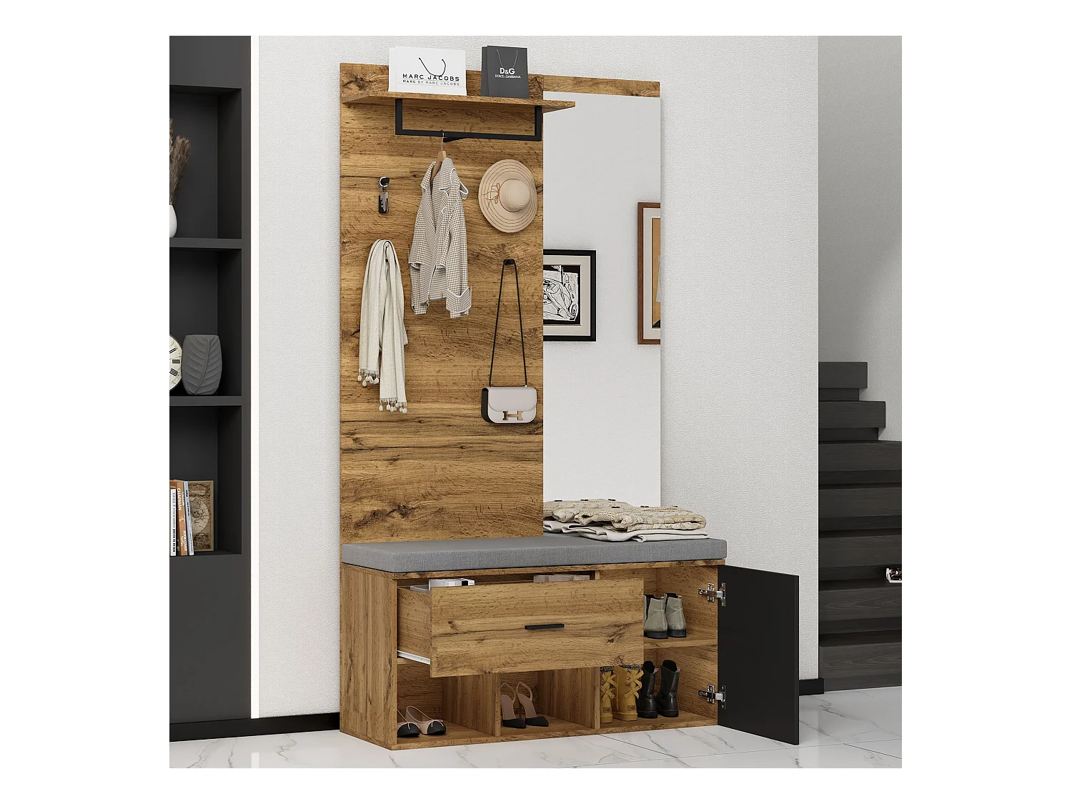 Porte-manteau en bois avec miroir et banc à chaussures, 1 tiroir de rangement - pour entrées