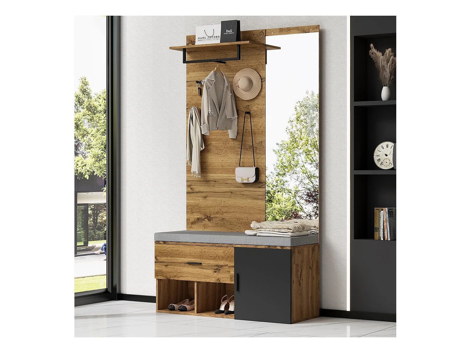 Porte-manteau en bois avec miroir et banc à chaussures, 1 tiroir de rangement - pour entrées