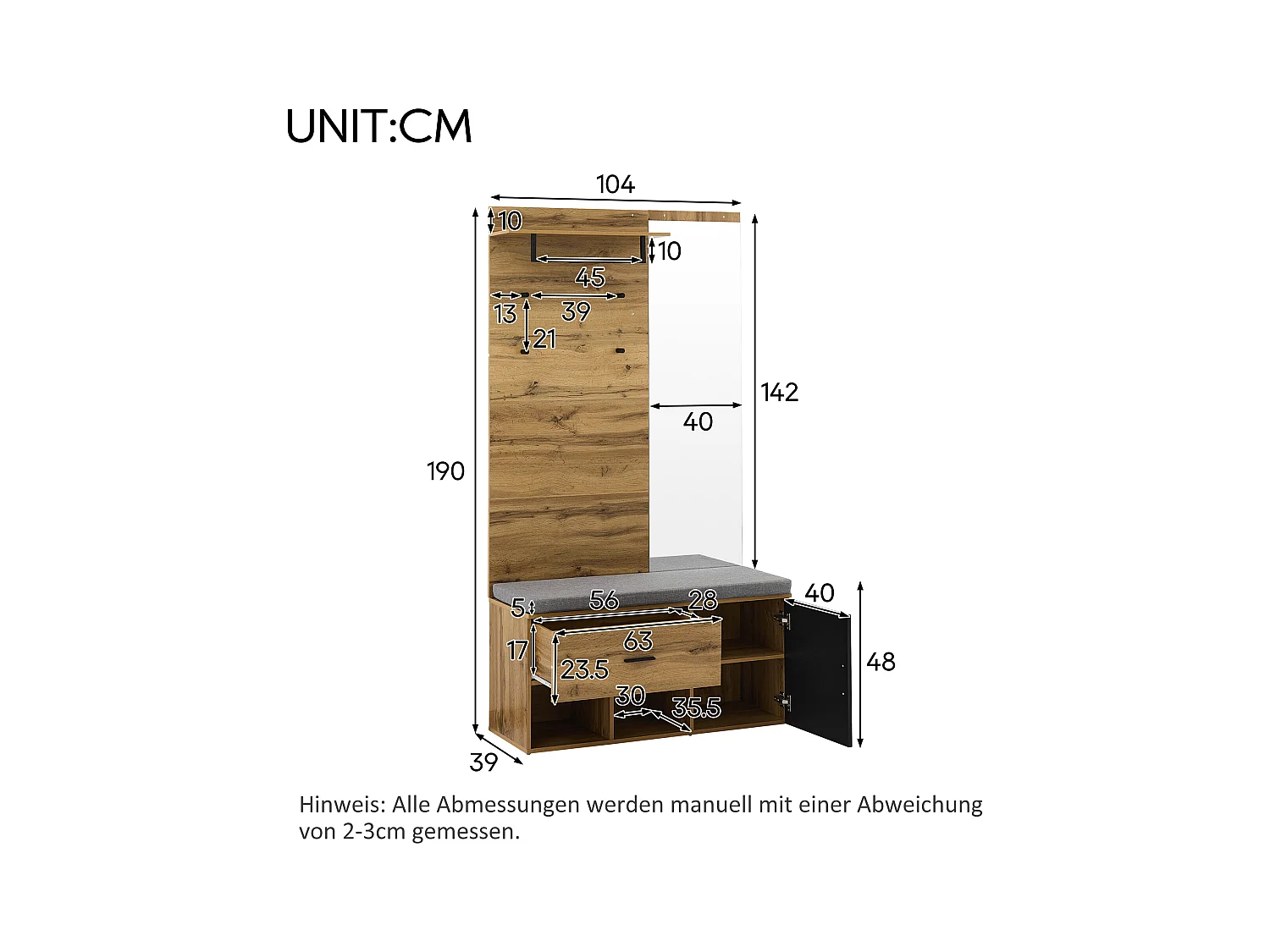 Porte-manteau en bois avec miroir et banc à chaussures, 1 tiroir de rangement - pour entrées
