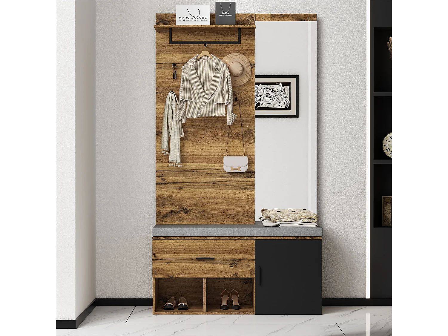 Garderobe aus Holz mit Spiegel und Schuhbank, 1 Schublade – für den Eingangsbereich