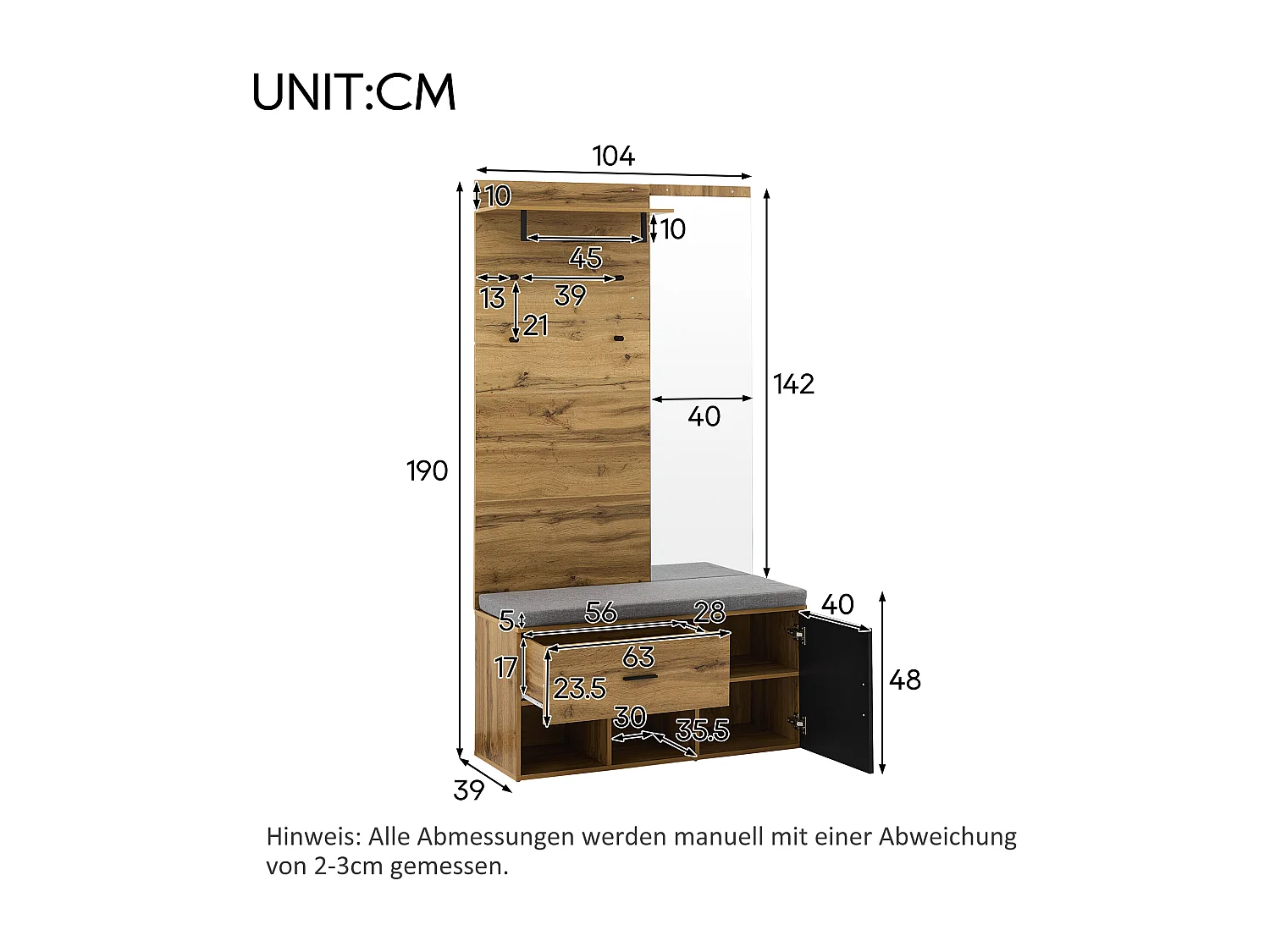 Garderobe aus Holz mit Spiegel und Schuhbank, 1 Schublade – für den Eingangsbereich