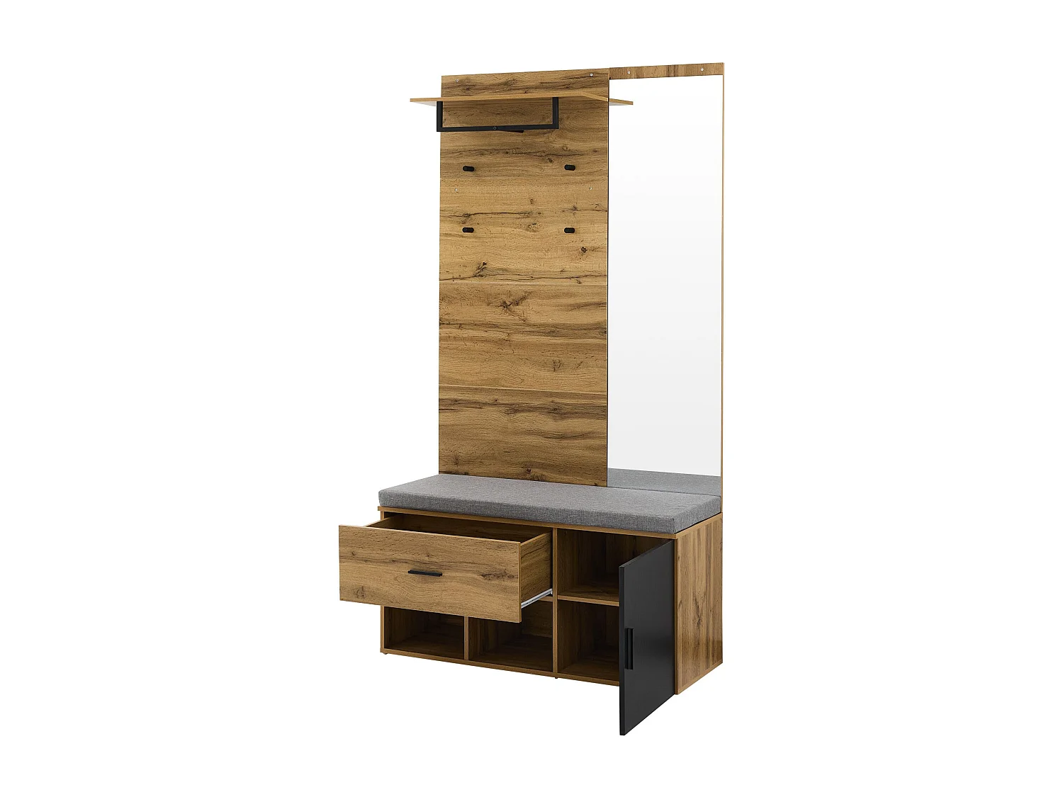 Garderobe aus Holz mit Spiegel und Schuhbank, 1 Schublade – für den Eingangsbereich