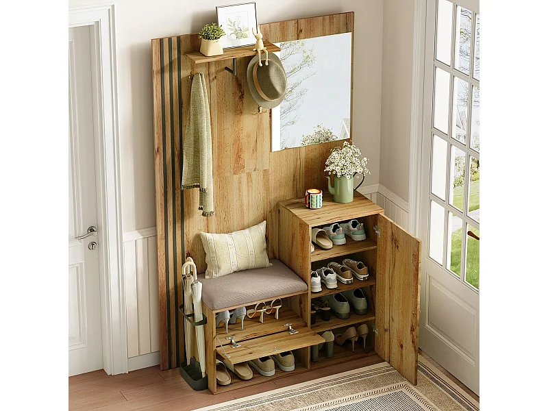 Drewniany wieszak na ubrania z ławką na buty i lustrem, stojak na parasole - do przedpokoju i wejścia