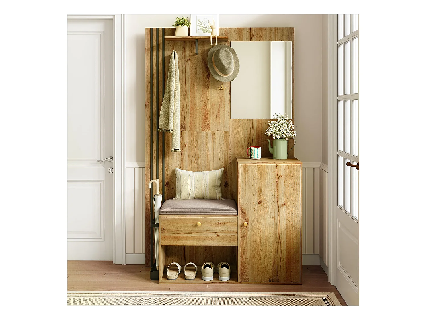 Porte-manteau en bois avec banc à chaussures et miroir, porte-parapluie - pour couloirs et entrées