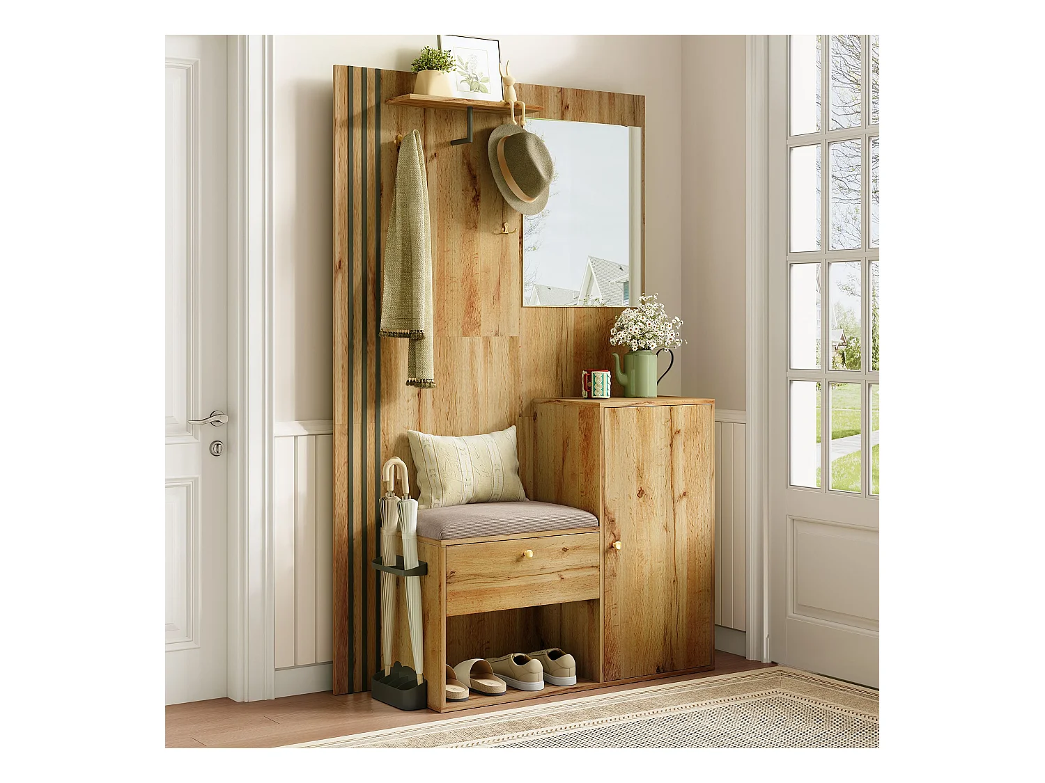Porte-manteau en bois avec banc à chaussures et miroir, porte-parapluie - pour couloirs et entrées