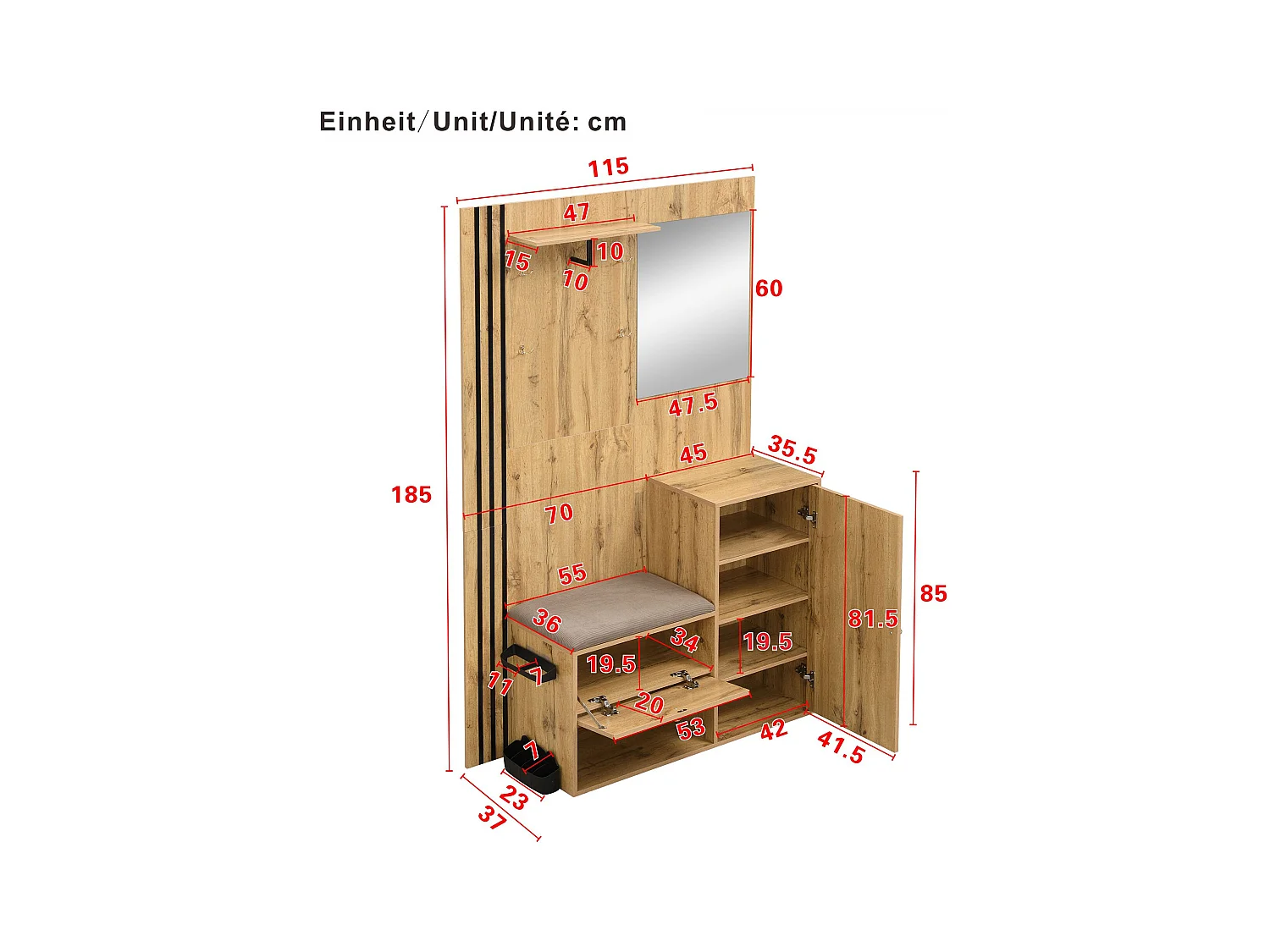 Porte-manteau en bois avec banc à chaussures et miroir, porte-parapluie - pour couloirs et entrées
