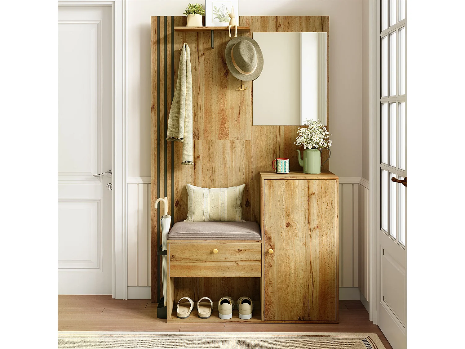 Garderobe aus Holz mit Schuhbank und Spiegel, Schirmständer – für Flur und Eingangsbereich