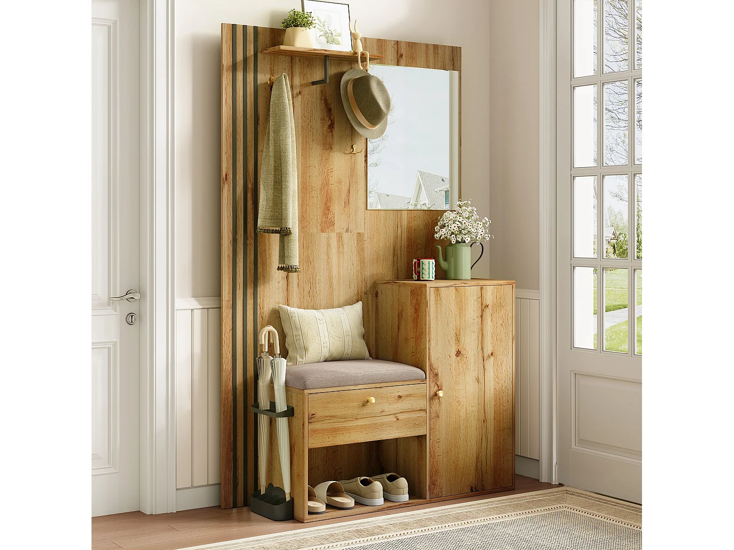 Garderobe aus Holz mit Schuhbank und Spiegel, Schirmständer – für Flur und Eingangsbereich