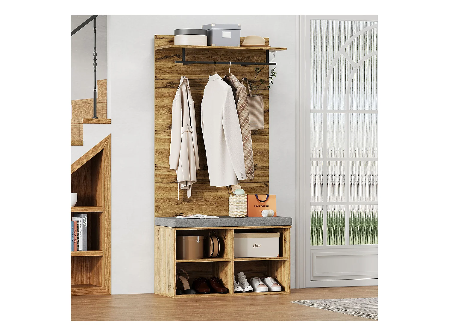 Portemanteau d'entrée avec banc à chaussures et tringle à vêtements, étagères réglables - naturel