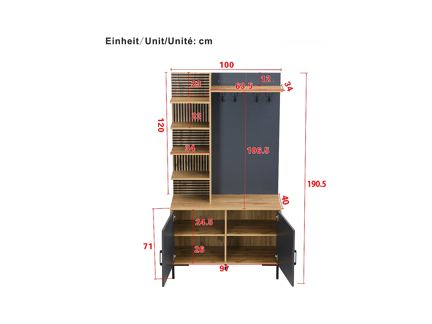 Porte-manteau naturel avec 2 portes, séparateurs de rangement et crochets - pieds en métal noir