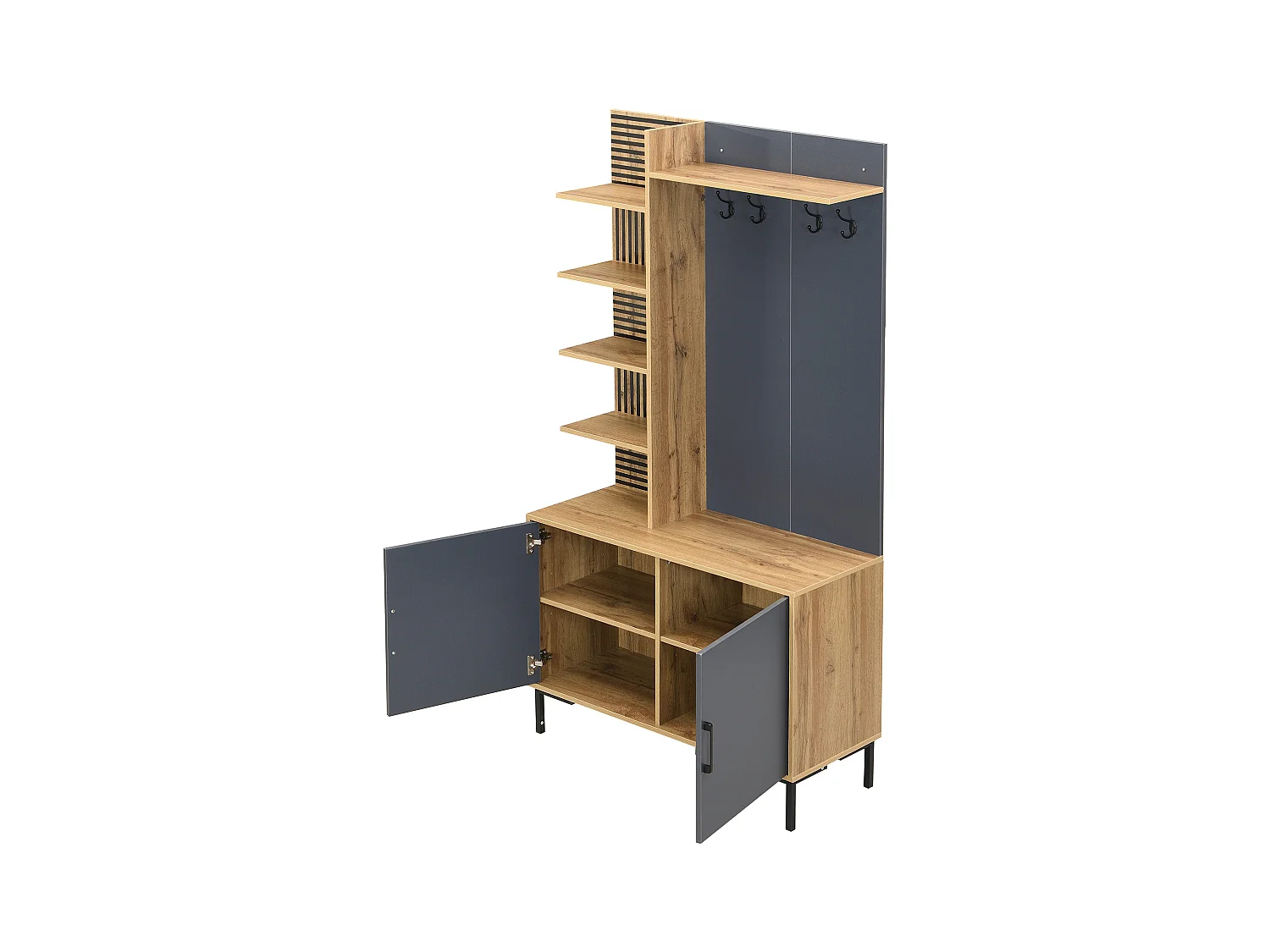 Porte-manteau naturel avec 2 portes, séparateurs de rangement et crochets - pieds en métal noir