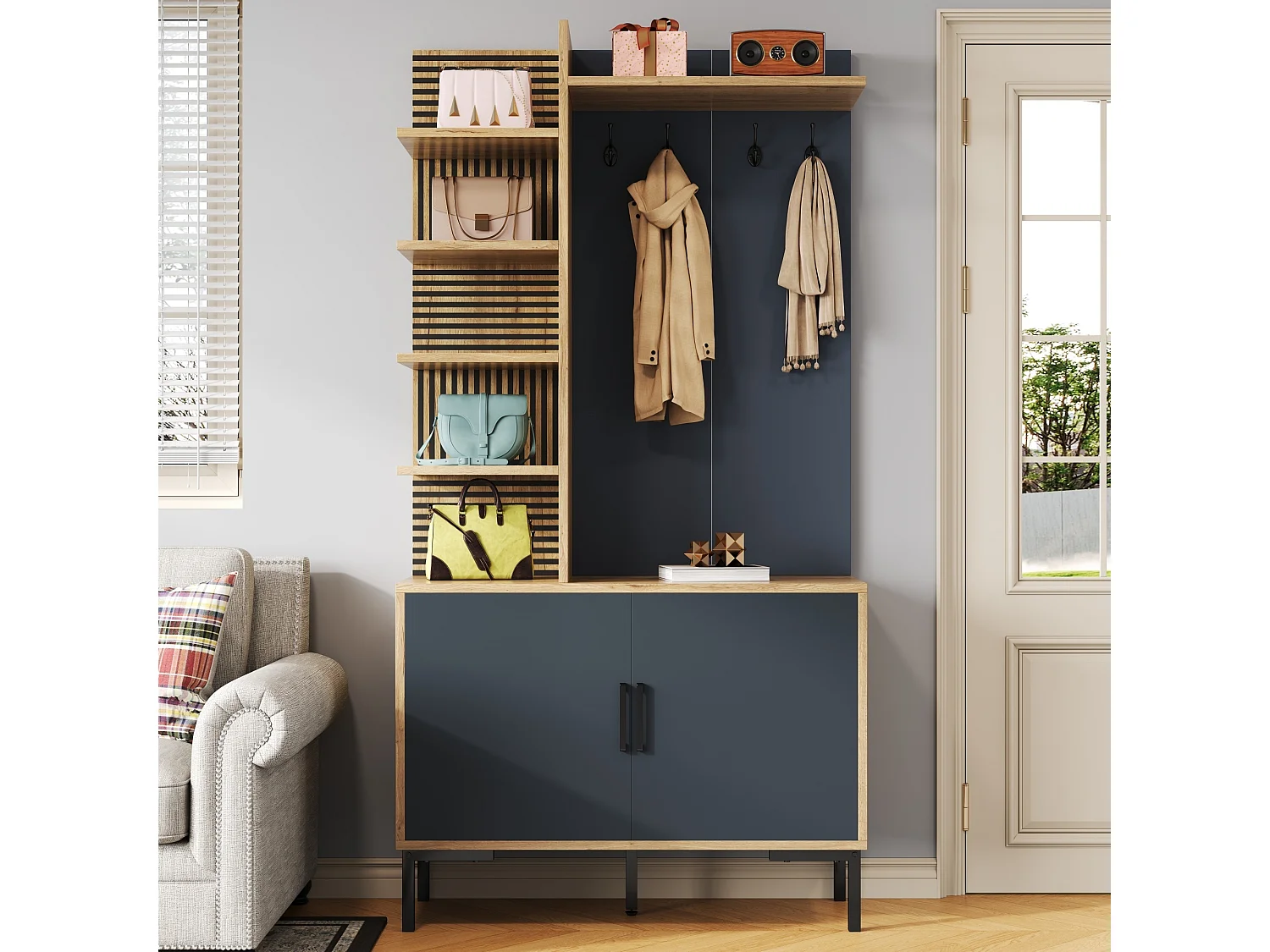 Garderobenschrank in Naturfarbe mit 2 Türen, Ablagefächern und Haken - schwarze Metallbeine