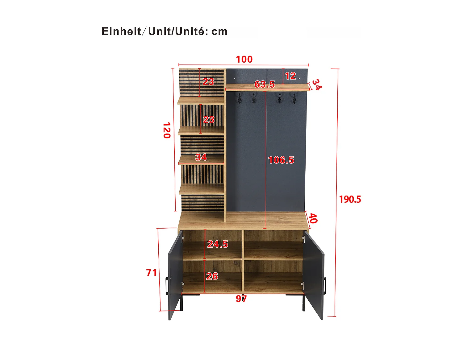 Garderobenschrank in Naturfarbe mit 2 Türen, Ablagefächern und Haken - schwarze Metallbeine