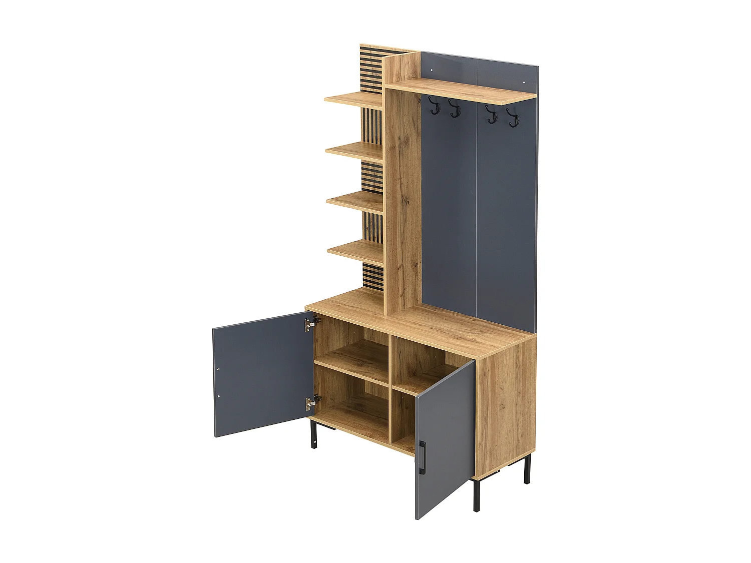 Garderobenschrank in Naturfarbe mit 2 Türen, Ablagefächern und Haken - schwarze Metallbeine