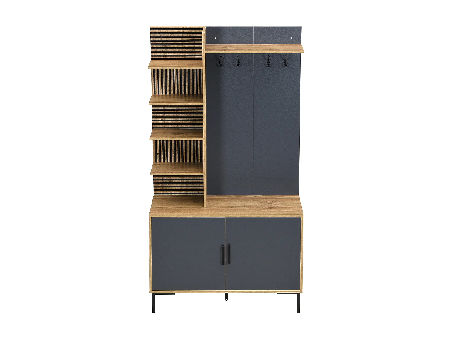 Garderobenschrank in Naturfarbe mit 2 Türen, Ablagefächern und Haken - schwarze Metallbeine