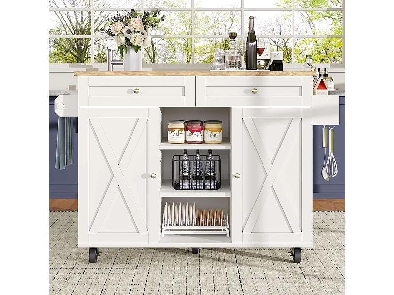 Biały wózek kuchenny z 2 szufladami i 2 drzwiami, drewniany blat - do salonu i kuchni