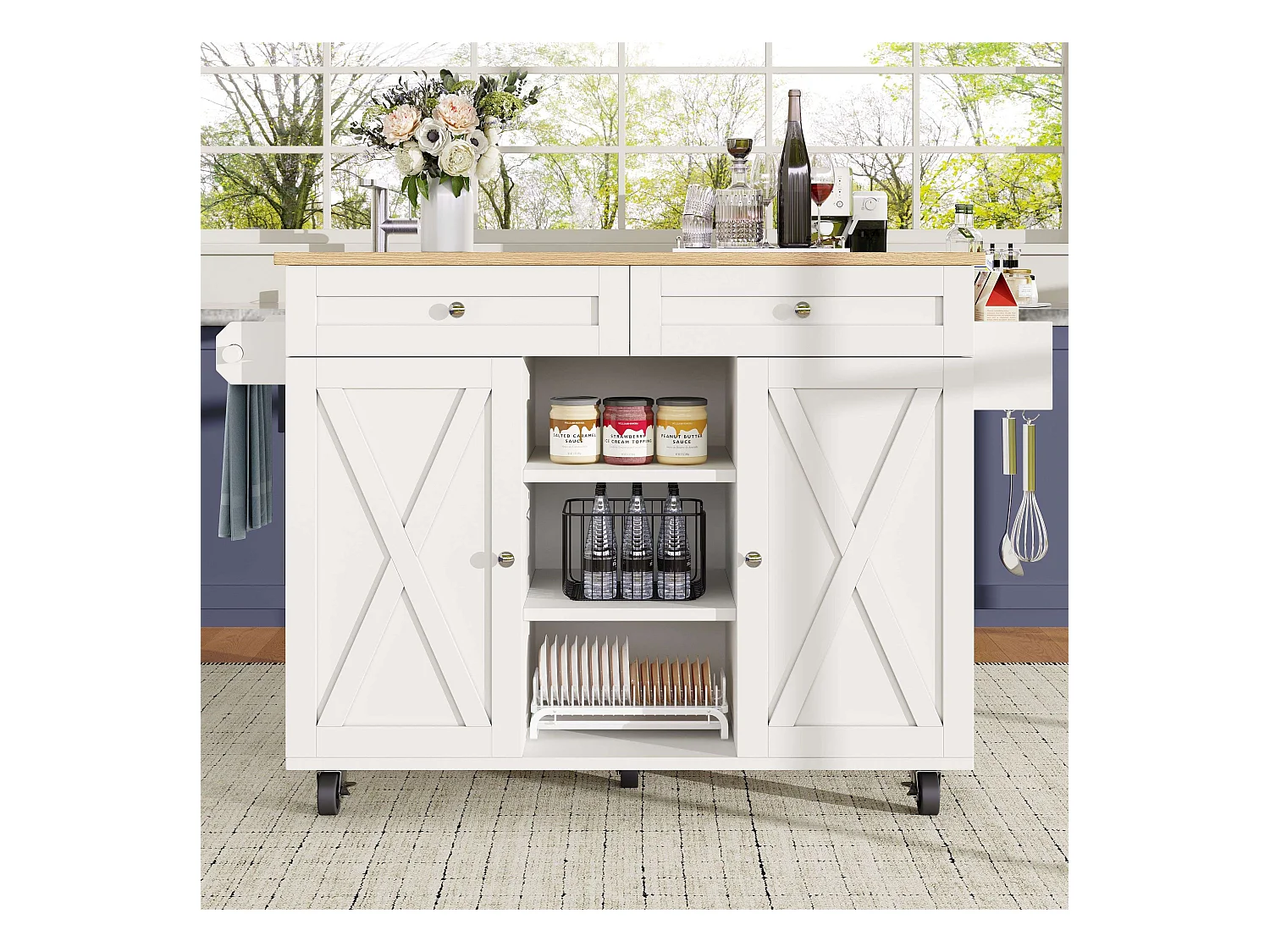 Desserte de cuisine blanche avec 2 tiroirs et 2 portes, plateau en bois - pour salon et cuisine