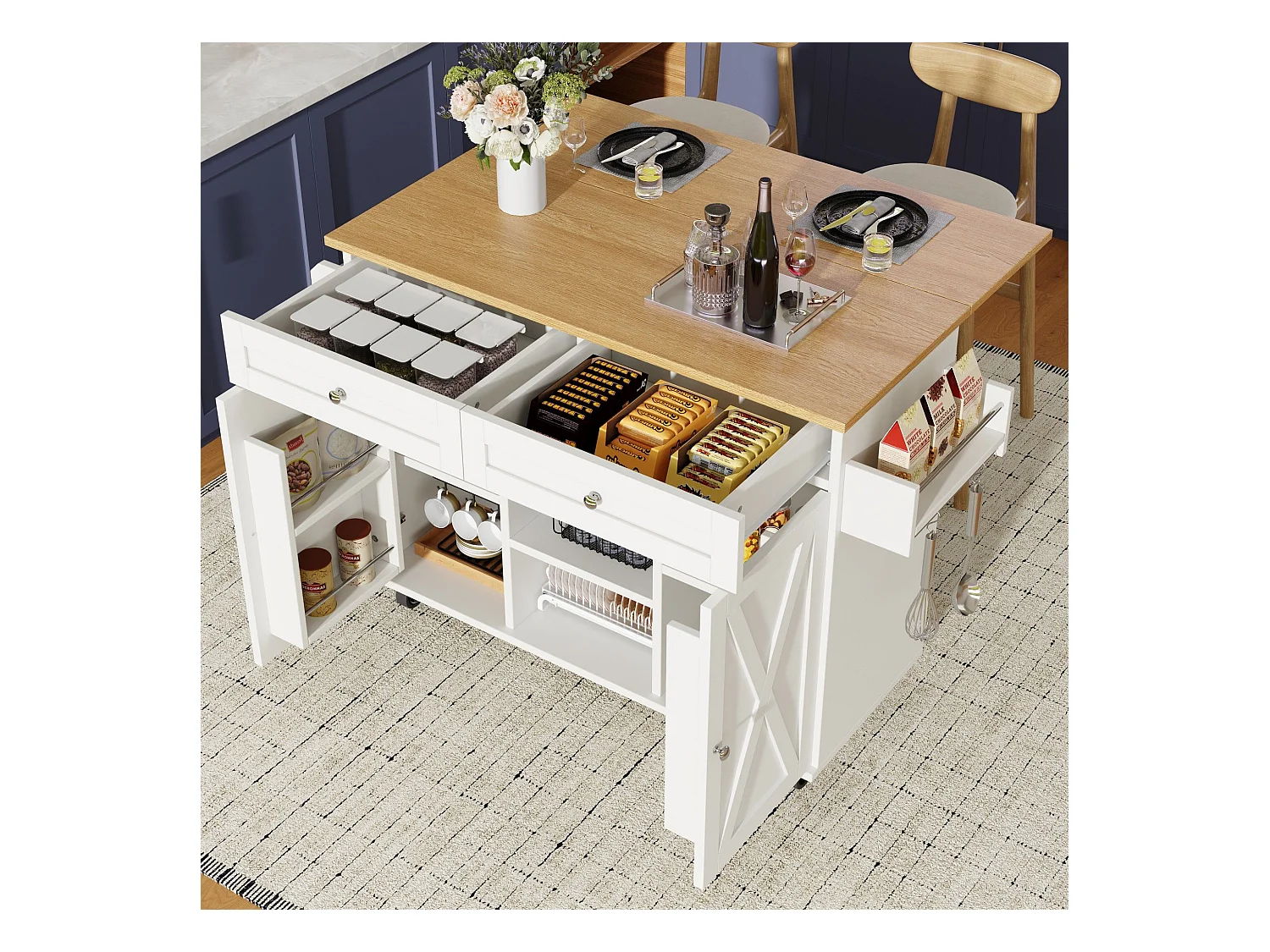 Desserte de cuisine blanche avec 2 tiroirs et 2 portes, plateau en bois - pour salon et cuisine