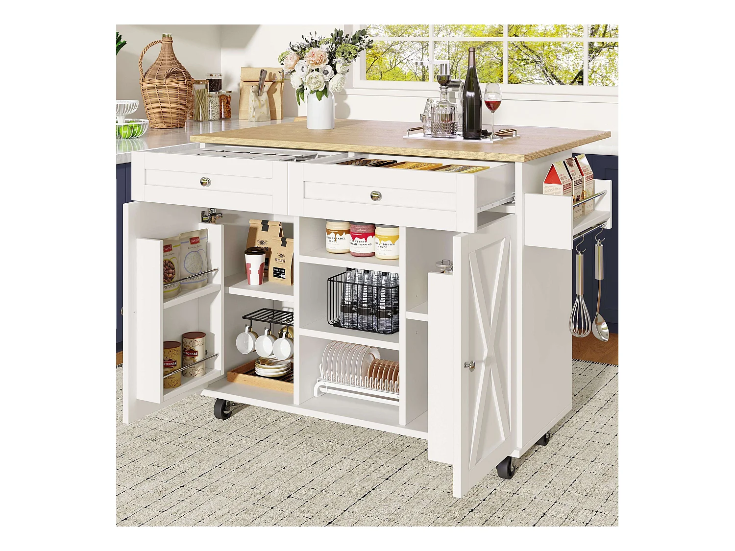 Desserte de cuisine blanche avec 2 tiroirs et 2 portes, plateau en bois - pour salon et cuisine