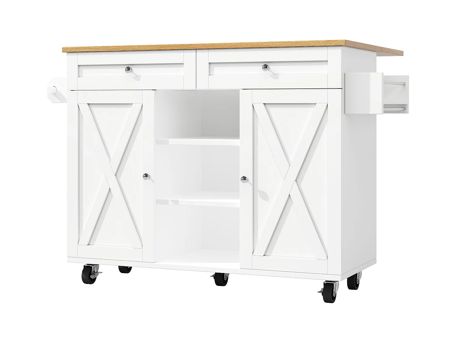 Desserte de cuisine blanche avec 2 tiroirs et 2 portes, plateau en bois - pour salon et cuisine