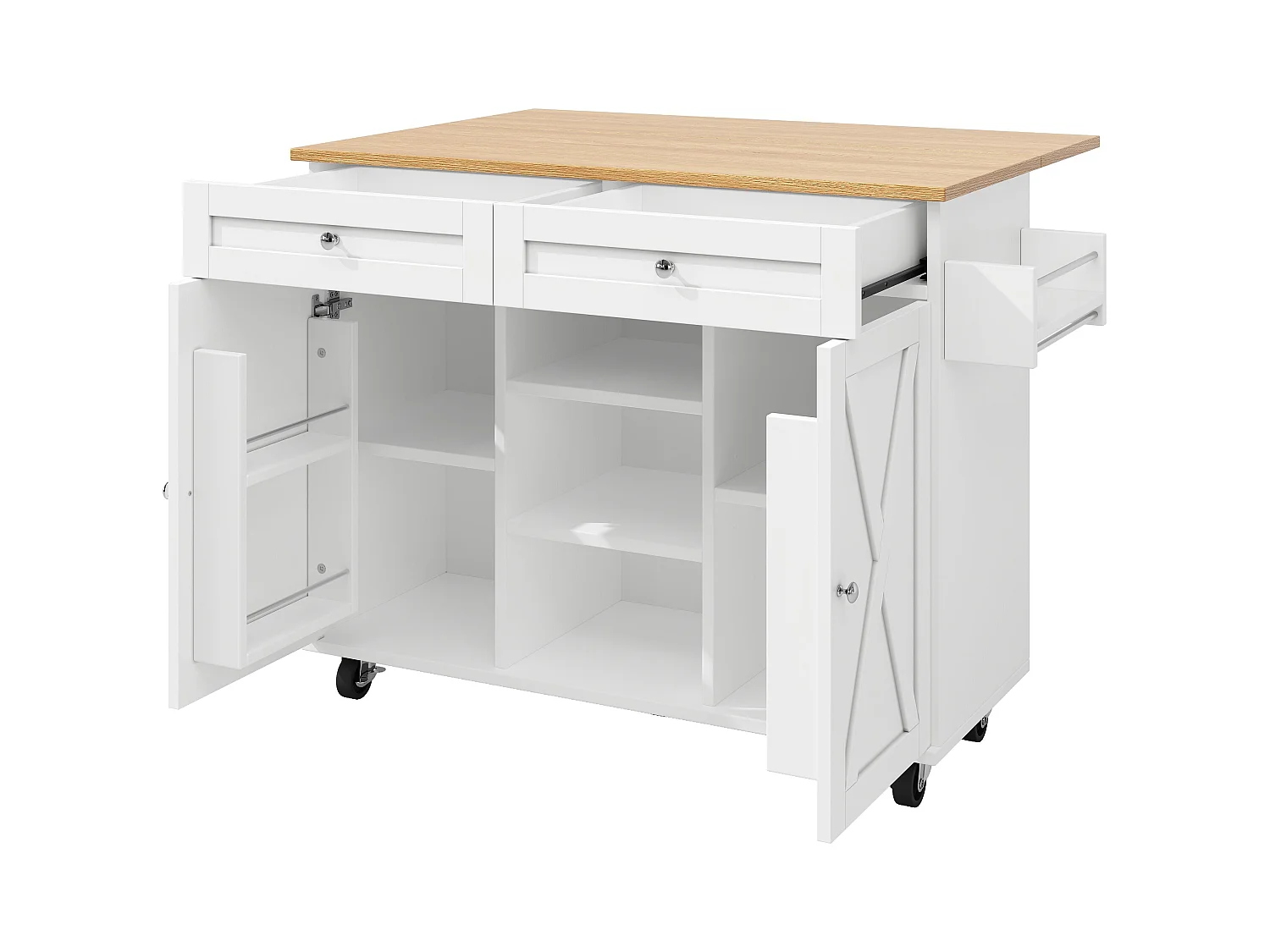 Desserte de cuisine blanche avec 2 tiroirs et 2 portes, plateau en bois - pour salon et cuisine