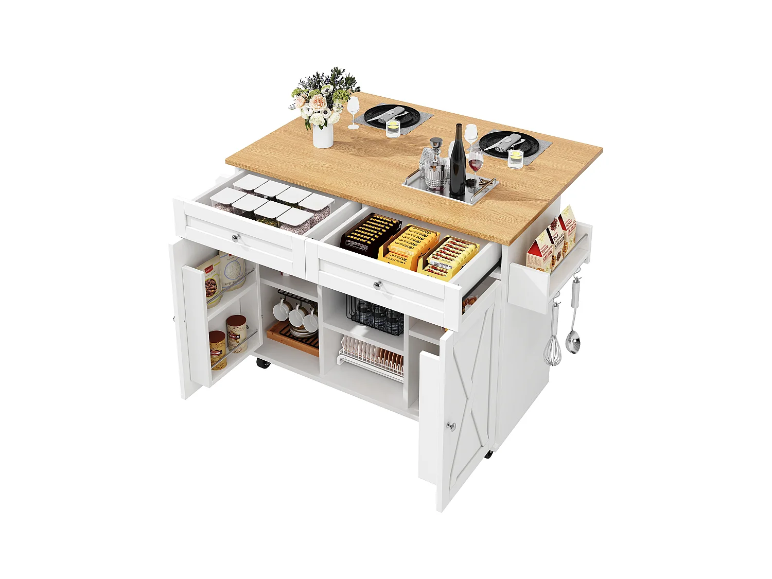 Desserte de cuisine blanche avec 2 tiroirs et 2 portes, plateau en bois - pour salon et cuisine