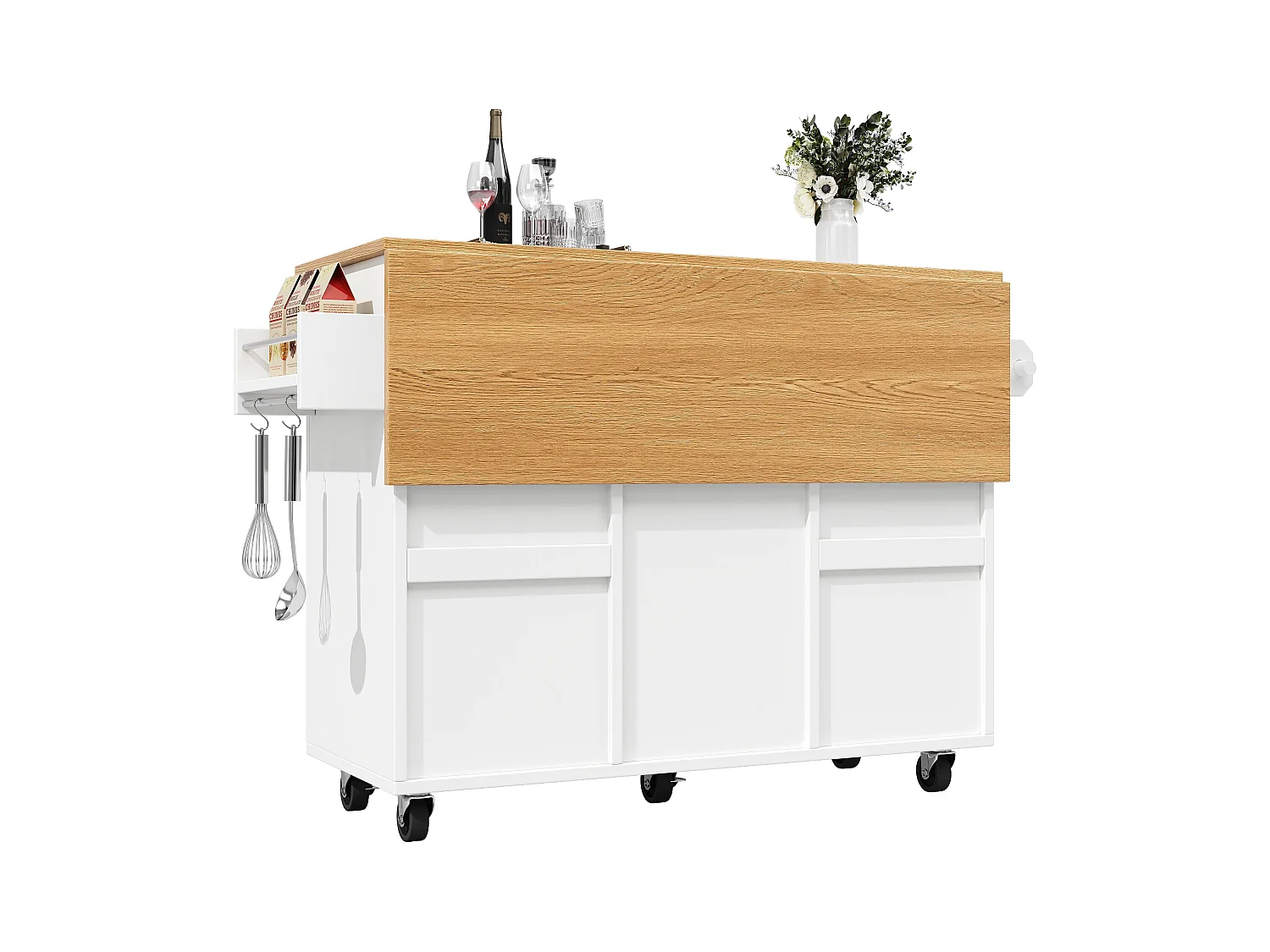 Desserte de cuisine blanche avec 2 tiroirs et 2 portes, plateau en bois - pour salon et cuisine