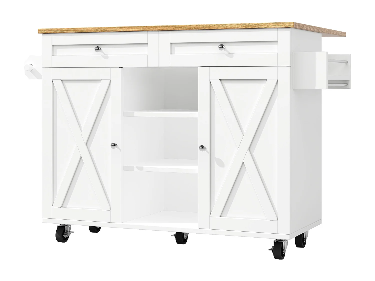 Witte keukenwagen met 2 lades en 2 deuren, houten blad - geschikt voor woonkamer en keuken