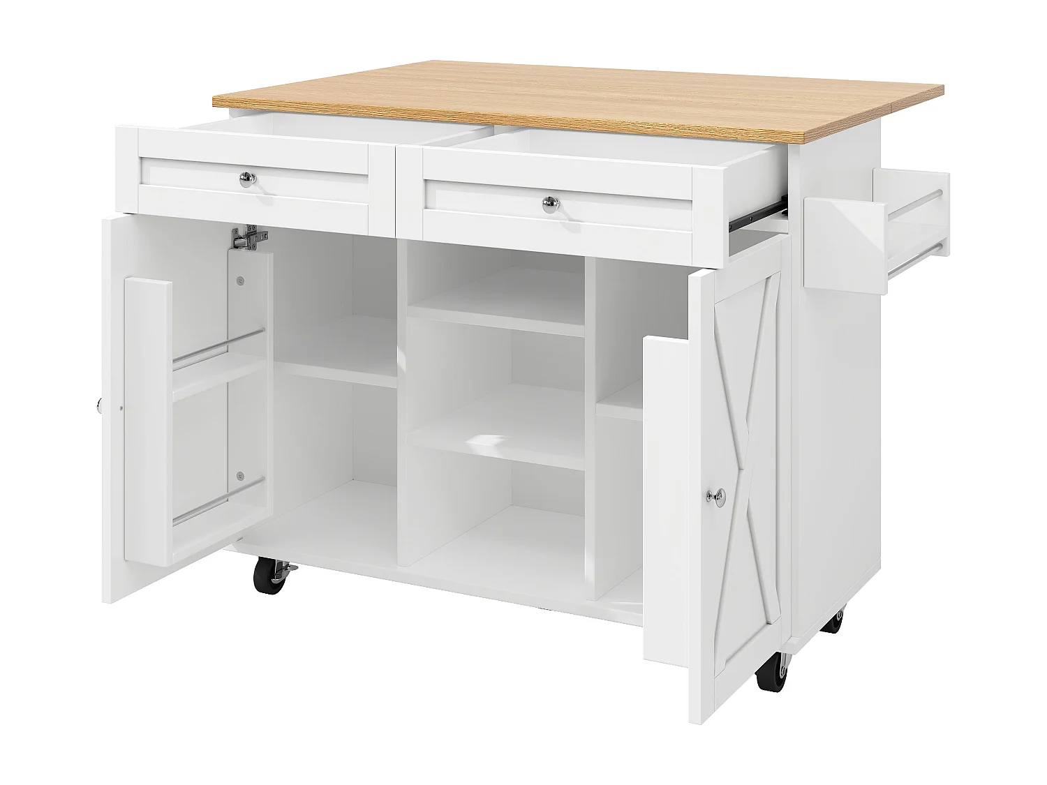 Witte keukenwagen met 2 lades en 2 deuren, houten blad - geschikt voor woonkamer en keuken