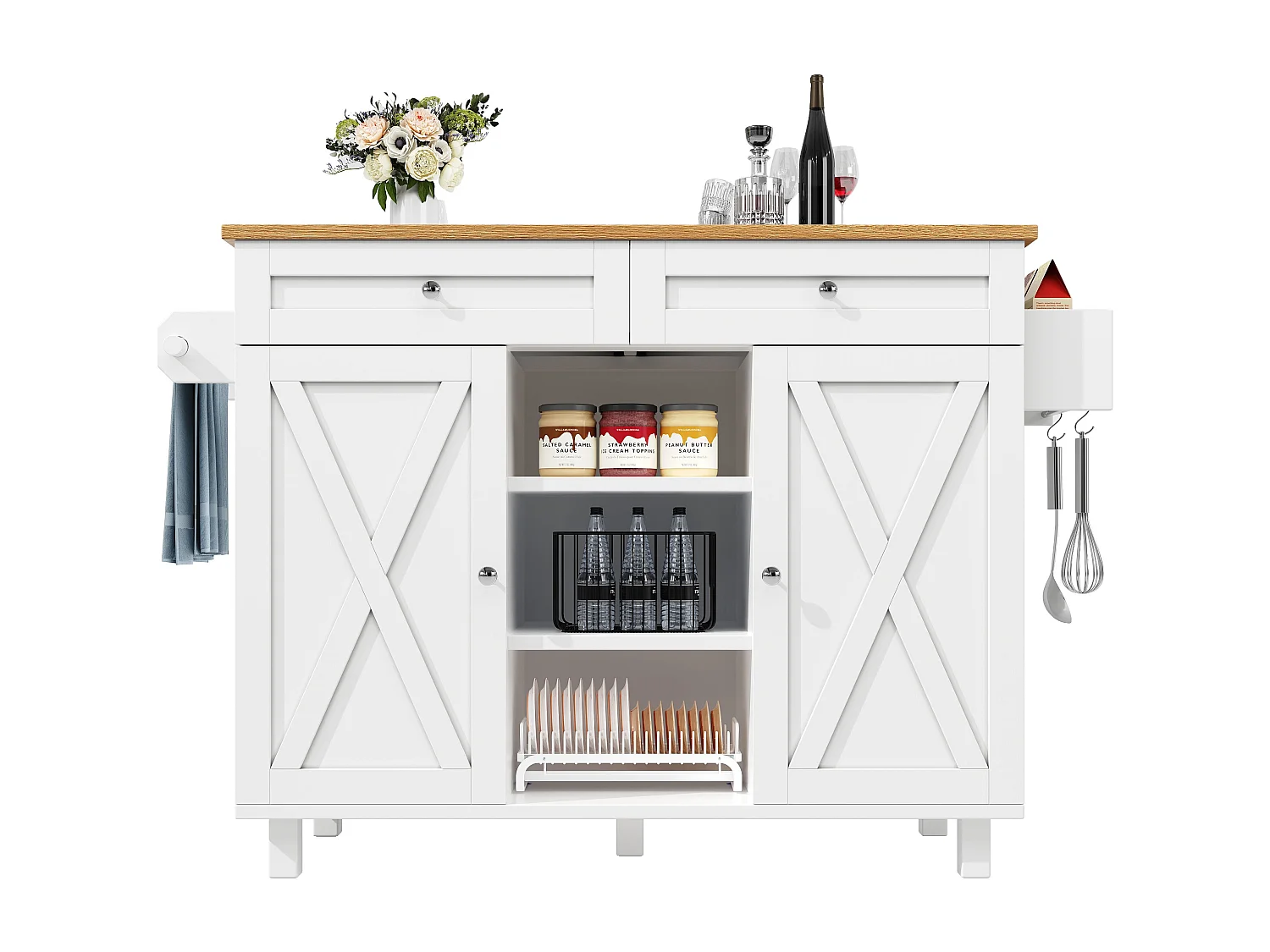 Witte keukenwagen met 2 lades en 2 deuren, houten blad - geschikt voor woonkamer en keuken