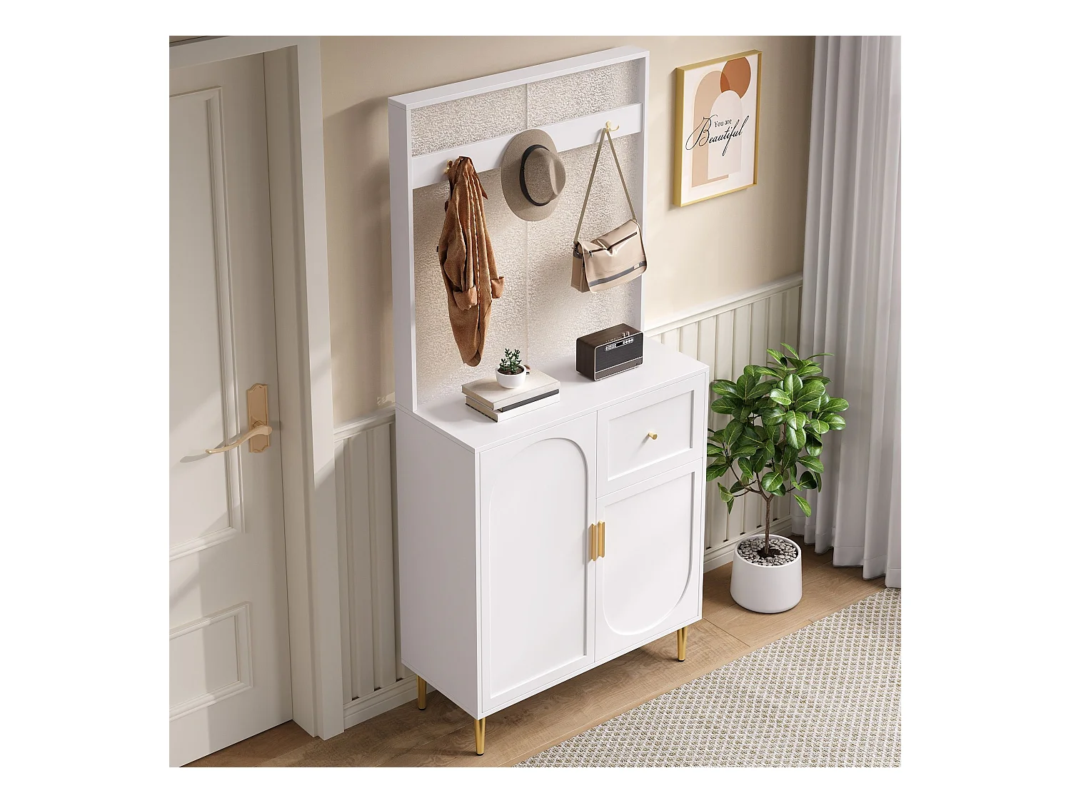 Porte-manteau blanc avec 2 portes et 1 tiroir de rangement, poignées et pieds dorés