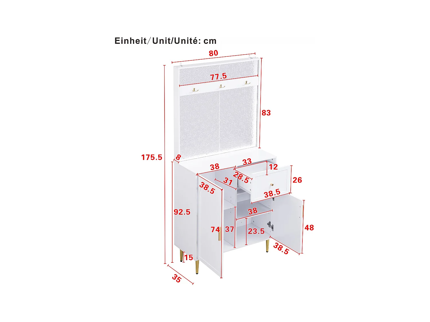 Porte-manteau blanc avec 2 portes et 1 tiroir de rangement, poignées et pieds dorés