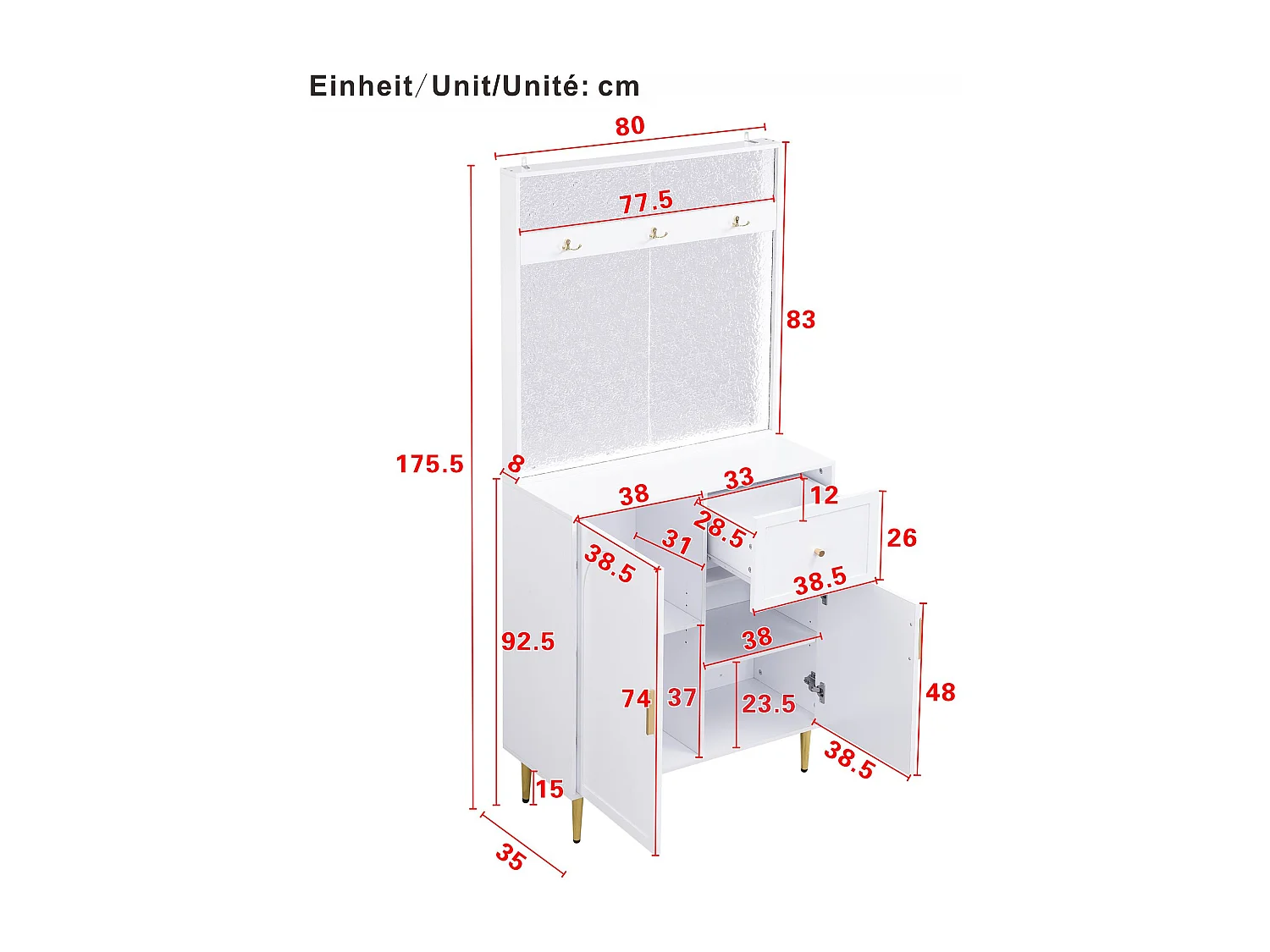 Weiße Garderobe mit 2 Türen und 1 Schublade, goldenen Griffen und Beinen