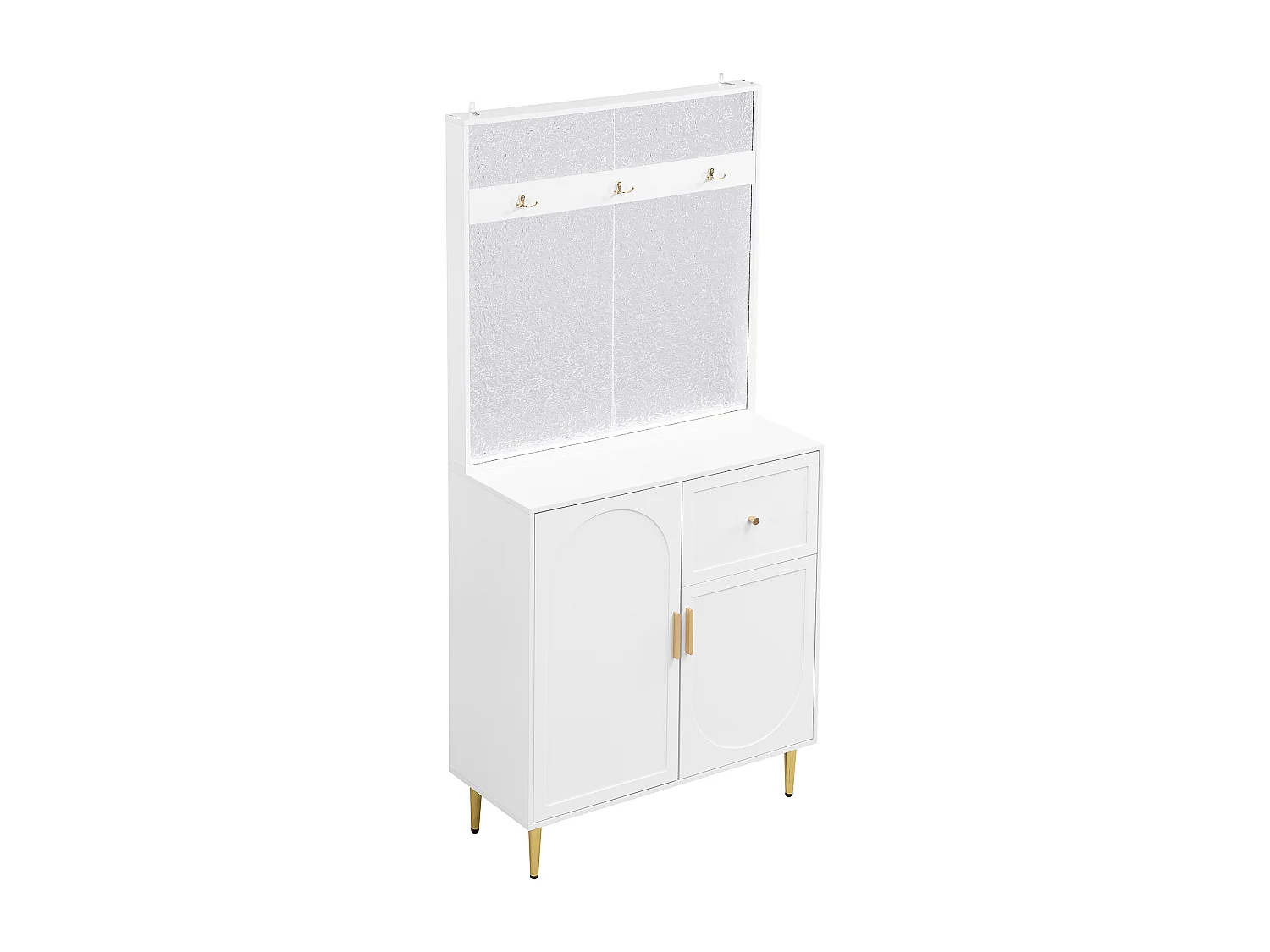 Weiße Garderobe mit 2 Türen und 1 Schublade, goldenen Griffen und Beinen