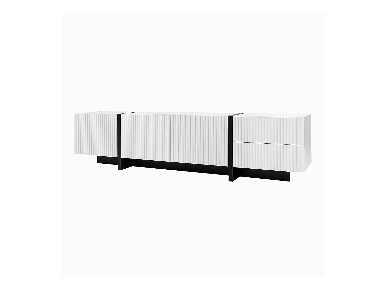 Meuble TV 190 cm avec 3 portes texturées et 2 tiroirs de rangement - blanc et noir
