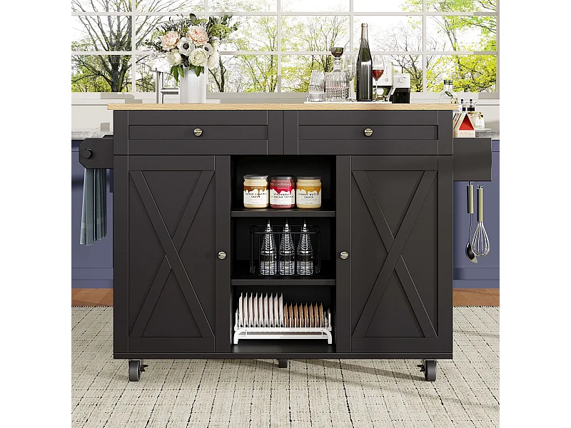 Desserte de cuisine noire avec 2 tiroirs et 2 portes, plateau en bois - pour salon et cuisine